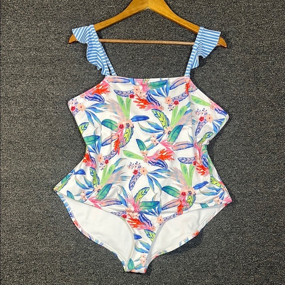 Outdoor Oasis Floral High Cut One-Piece Swimsuit with Ruffled Straps, Womens XL - Picture 1 of 7